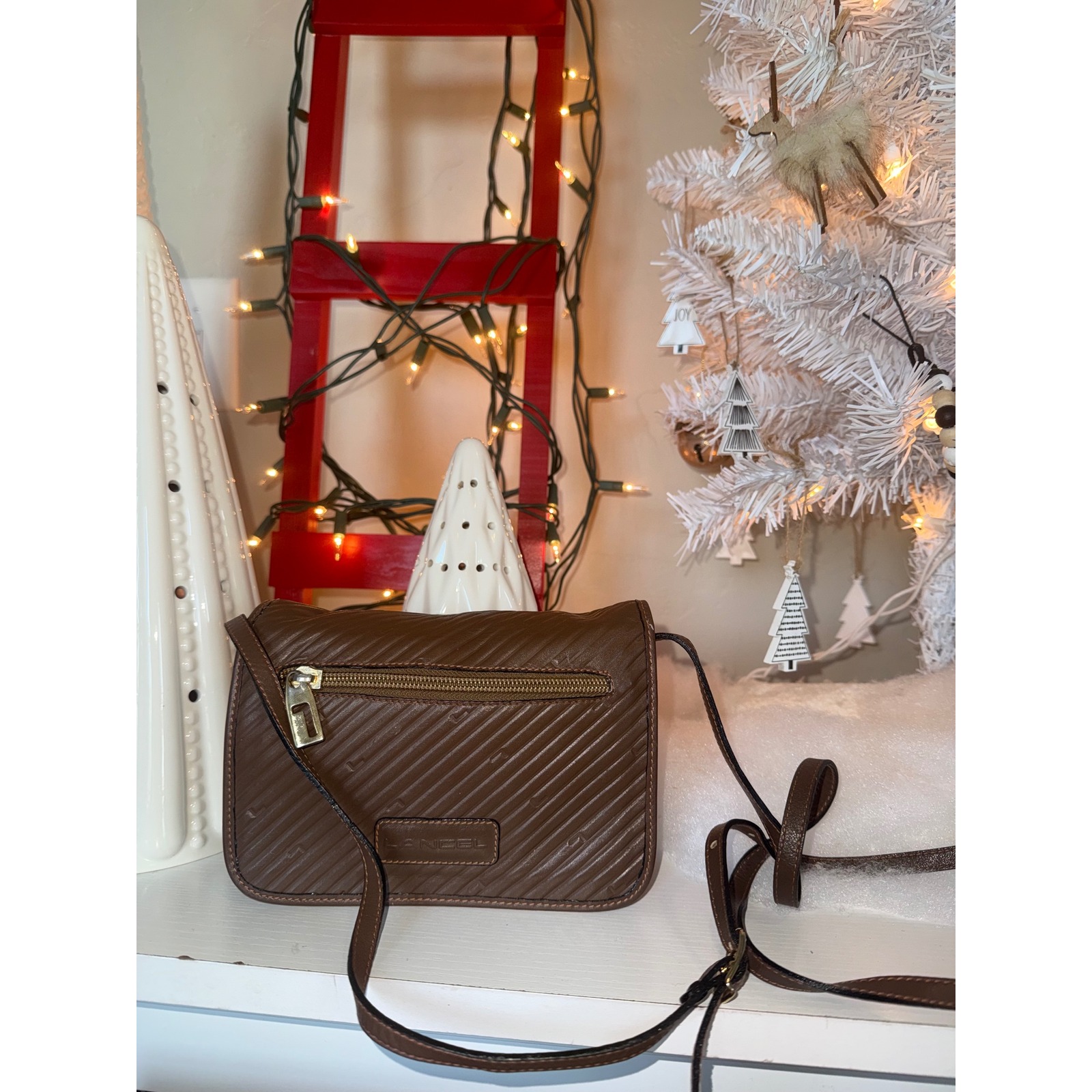 Lancel Brown Embossed Leather Crossbody Bag Gold Tone Hardware Flap Closure